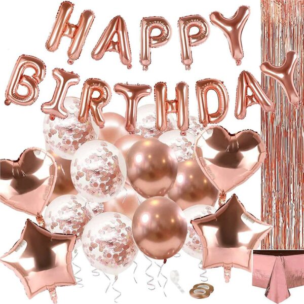 Set 48 baloane si decoratiuni, Happy Birthday, incluse fata de masa si perdea roz - Image 2