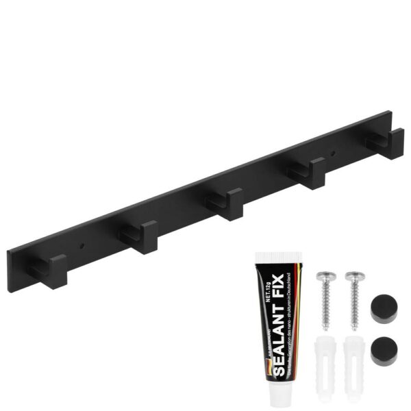 Cuier de baie pentru prosoape cu 2 sisteme instalare, aluminiu, 5 agatatori, 45x4cm, negru - Image 3