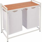 (DL) Cos de rufe cu cadru metalic si blat din lemn, 2 x 46 litri, 72x73x33cm, alb