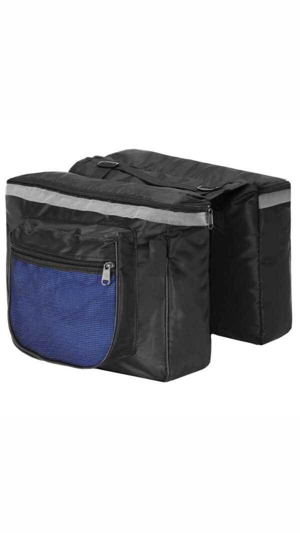 Geanta portbagaj bicicleta dubla, buzunare laterale, 32x30x28cm, negru albastru reflectorizant, 15 litri