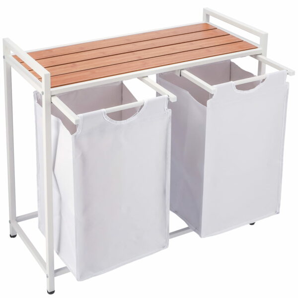 (DL) Cos de rufe cu cadru metalic si blat din lemn, 2 x 46 litri, 72x73x33cm, alb - Image 3