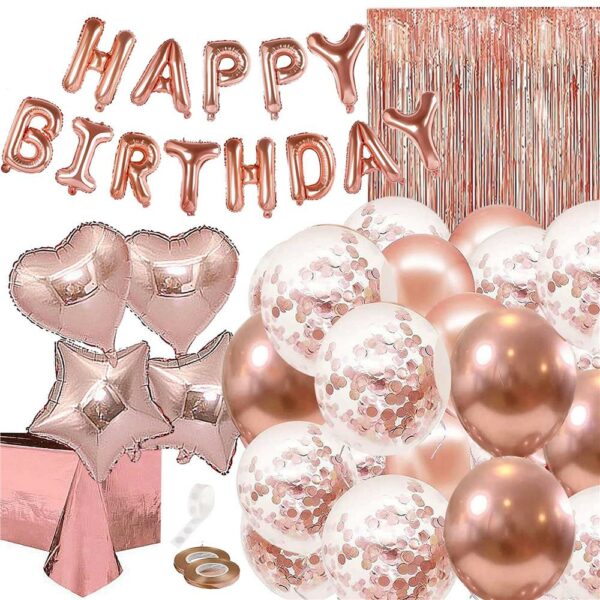 Set 48 baloane si decoratiuni, Happy Birthday, incluse fata de masa si perdea roz - Image 4