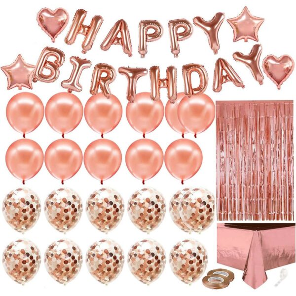 Set 48 baloane si decoratiuni, Happy Birthday, incluse fata de masa si perdea roz - Image 5