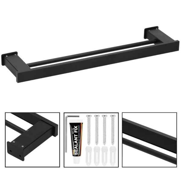 Suport prosoape pentru baie cu 2 sisteme de instalare, 2 brate, din aluminiu, 50x12cm, negru - Image 7