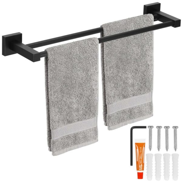 Suport prosoape pentru baie cu 2 sisteme de instalare, 2 brate, din aluminiu, 50x11cm, negru - Image 8
