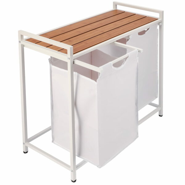 (DL) Cos de rufe cu cadru metalic si blat din lemn, 2 x 46 litri, 72x73x33cm, alb - Image 7