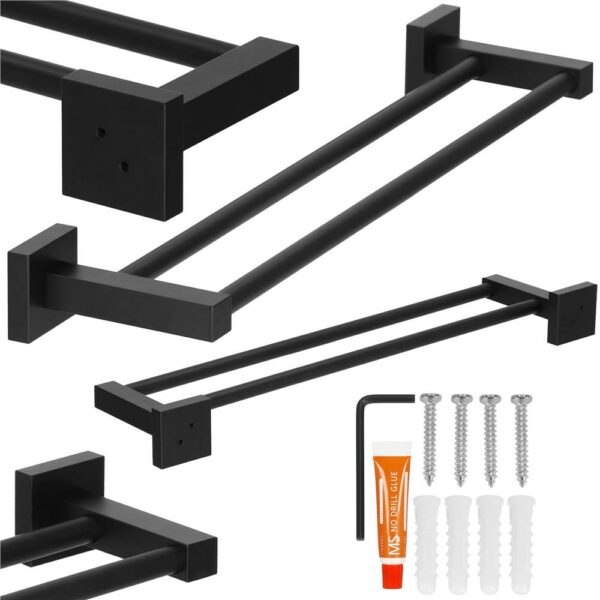 Suport prosoape pentru baie cu 2 sisteme de instalare, 2 brate, din aluminiu, 50x11cm, negru - Image 9
