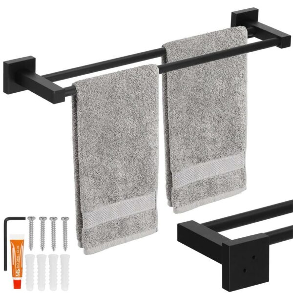 Suport prosoape pentru baie cu 2 sisteme de instalare, 2 brate, din aluminiu, 50x11cm, negru - Image 10