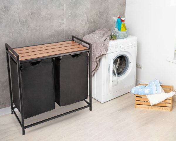 (DL) Cos de rufe cu cadru metalic si blat din lemn, 2 x 46 litri, 72x73x33cm, negru - Image 7