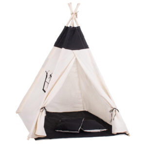 Teepee indiánsátor gyerekeknek ablakkal, vastag szőnyeggel és 2 párnával, fekete-fehér