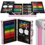 Set de pictura si desen pentru copii, 145 de piese, trusa aluminiu roz