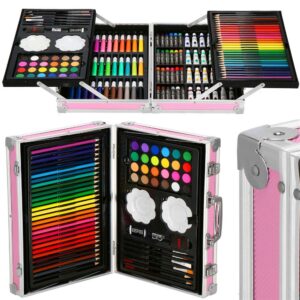 Set de pictura si desen pentru copii, 145 de piese, trusa aluminiu roz