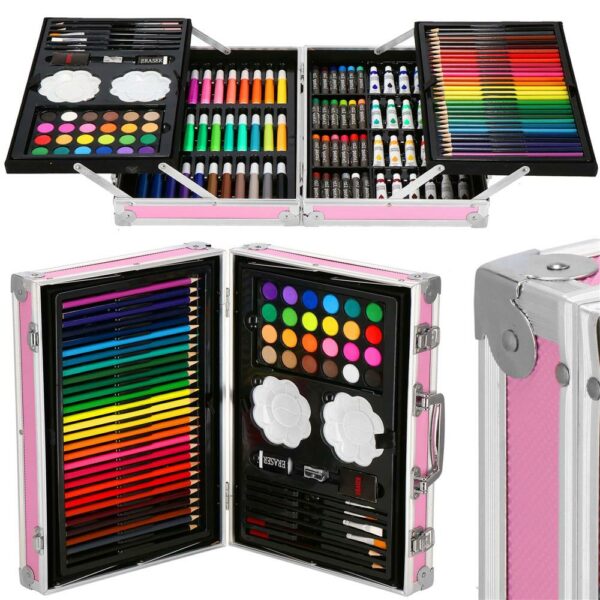Set de pictura si desen pentru copii, 145 de piese, trusa aluminiu roz