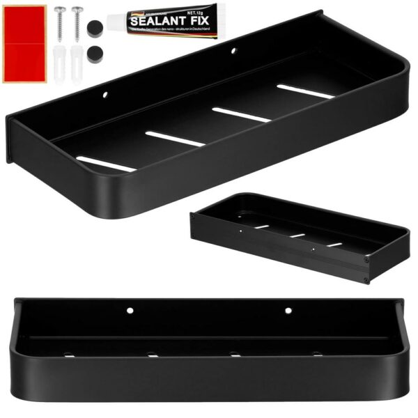Raft de baie cu 2 sisteme instalare pe perete, aluminiu, 30x12x4cm, negru - Image 2