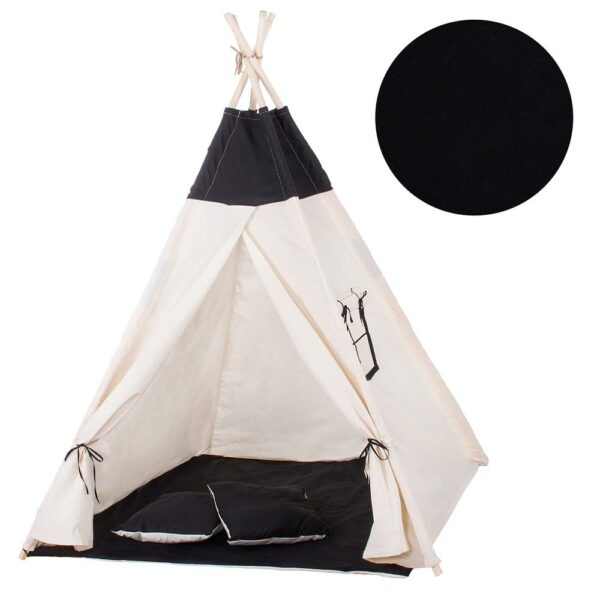 Teepee indiánsátor gyerekeknek ablakkal, vastag szőnyeggel és 2 párnával, fekete-fehér - Image 2