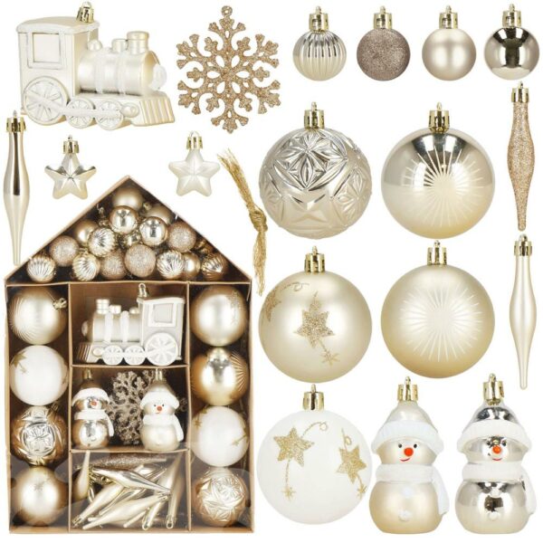 Set globuri si decoratiuni de Craciun, 70 piese, diverse dimensiuni, auriu si crem - Image 2