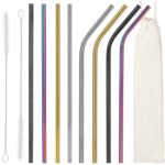 8 db tarka fém szívószál készlet, többször használható, tároló tokkal és tisztítókefével, 215x6 mm