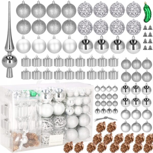 Set globuri si decoratiuni de Craciun, 102 piese, diverse dimensiuni, argintiu - Image 11