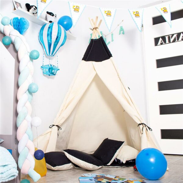 Teepee indiánsátor gyerekeknek ablakkal, vastag szőnyeggel és 2 párnával, fekete-fehér - Image 11