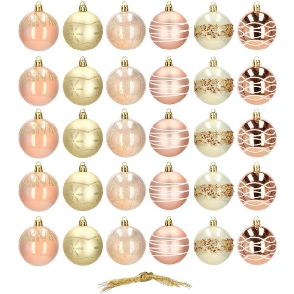 Set globuri de Craciun cu modele de sarbatori, 30 bucati, 6cm, roz si auriu - Image 10