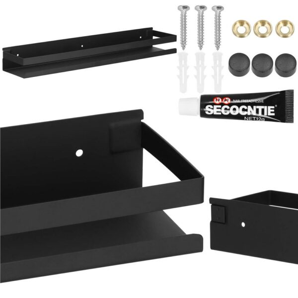 Raft de baie cu 2 sisteme instalare pe perete, aluminiu, 50x10x6cm, negru - Image 12