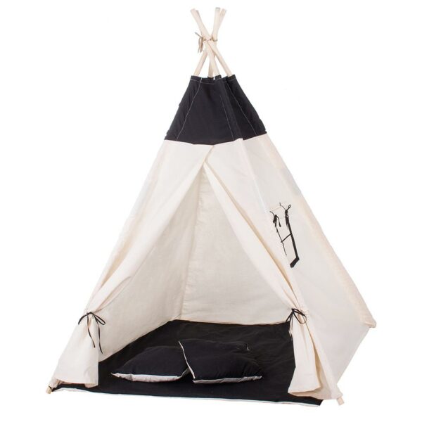 Teepee indiánsátor gyerekeknek ablakkal, vastag szőnyeggel és 2 párnával, fekete-fehér - Image 12