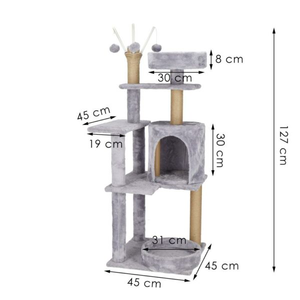 Ansamblu de joaca pentru pisici, cu loc pentru zgariat, ascuns, culcus, mingi, 127cm, gri - Image 11