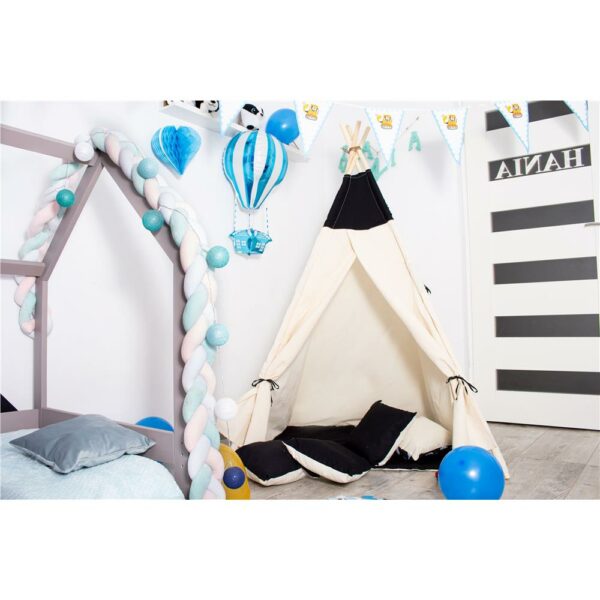 Teepee indiánsátor gyerekeknek ablakkal, vastag szőnyeggel és 2 párnával, fekete-fehér - Image 13