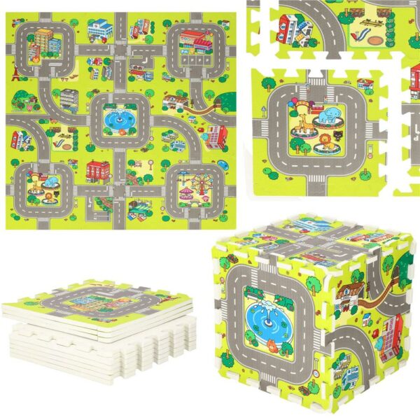 Covor din spuma pentru copii, tip puzzle strazi, 9 piese, 90×90 cm, verde - Image 12