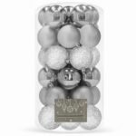 Karácsonyi gömbszett, 30 darab, 3 féle minta, 6 cm, ezüst