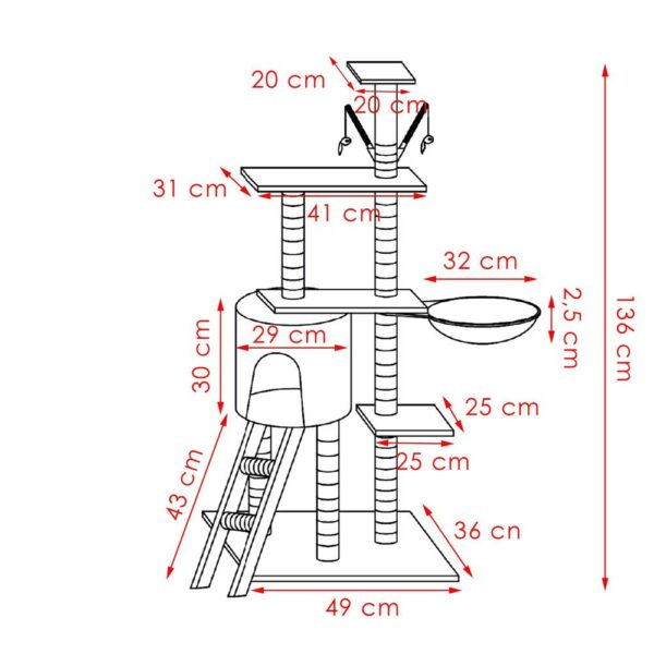 Játszókészlet macskáknak ággyal és kaparófával, 136 cm, szürke - Image 12