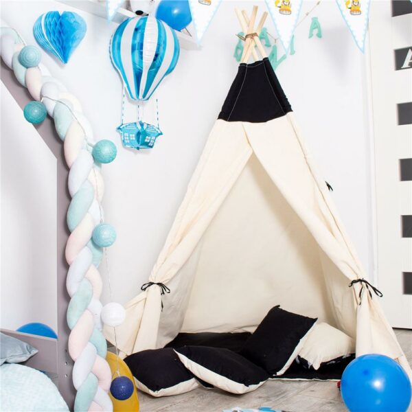 Teepee indiánsátor gyerekeknek ablakkal, vastag szőnyeggel és 2 párnával, fekete-fehér - Image 14