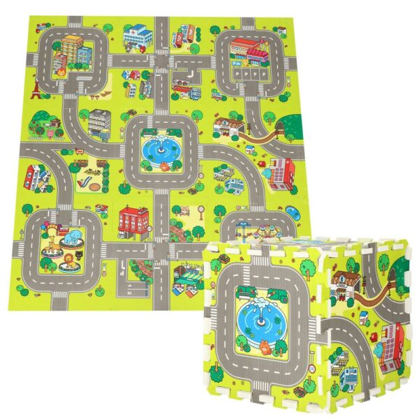 Covor din spuma pentru copii, tip puzzle strazi, 9 piese, 90×90 cm, verde - Image 13