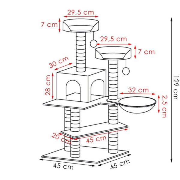 Játszókészlet macskáknak ággyal és kaparófával, 129 cm, szürke - Image 13