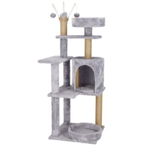 Ansamblu de joaca pentru pisici, cu loc pentru zgariat, ascuns, culcus, mingi, 127cm, gri