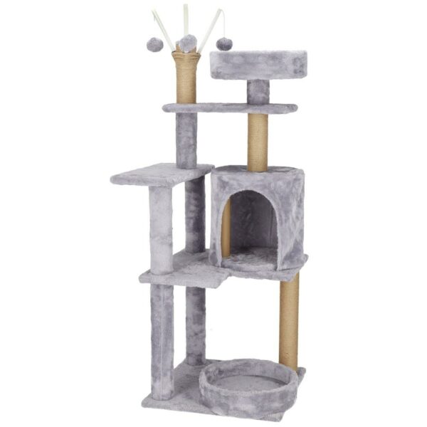 Ansamblu de joaca pentru pisici, cu loc pentru zgariat, ascuns, culcus, mingi, 127cm, gri