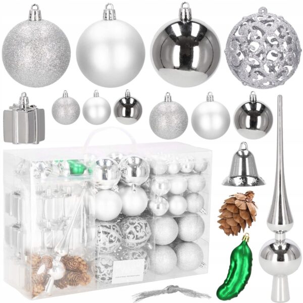 Set globuri si decoratiuni de Craciun, 102 piese, diverse dimensiuni, argintiu - Image 13