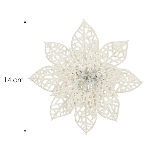 10 db-os karácsonyfa díszkészlet, Mikulásvirág csillag, 14cm, fehér, csillámmal - Image 13