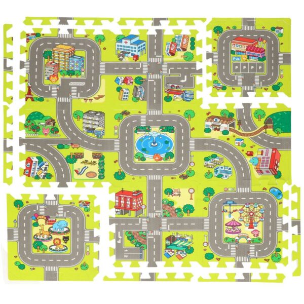 Covor din spuma pentru copii, tip puzzle strazi, 9 piese, 90×90 cm, verde - Image 14
