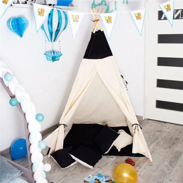 Teepee indiánsátor gyerekeknek ablakkal, vastag szőnyeggel és 2 párnával, fekete-fehér - Image 15