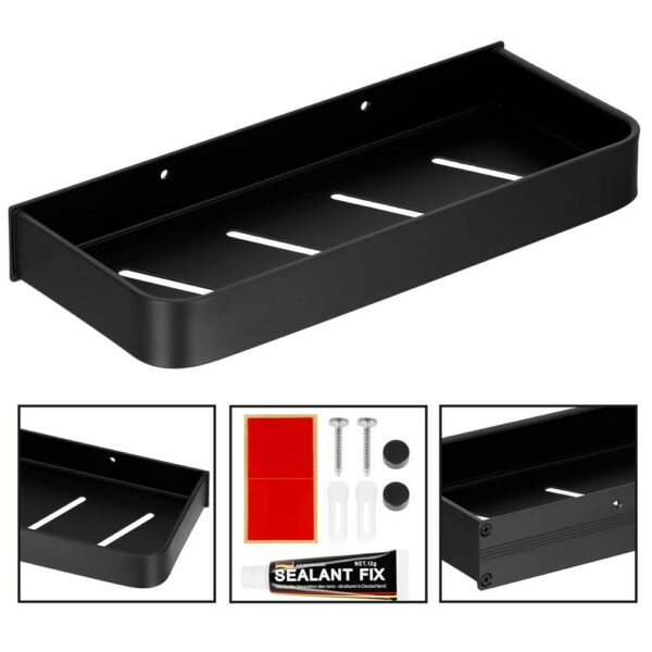 Raft de baie cu 2 sisteme instalare pe perete, aluminiu, 30x12x4cm, negru - Image 14
