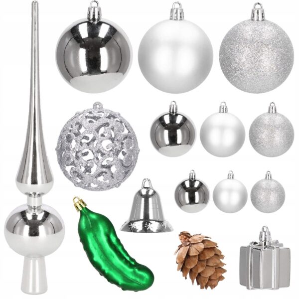 Set globuri si decoratiuni de Craciun, 102 piese, diverse dimensiuni, argintiu - Image 15
