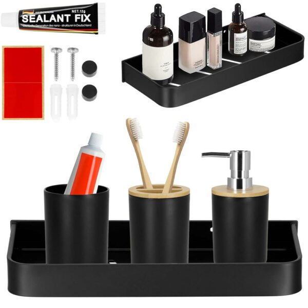 Raft de baie cu 2 sisteme instalare pe perete, aluminiu, 30x12x4cm, negru - Image 18