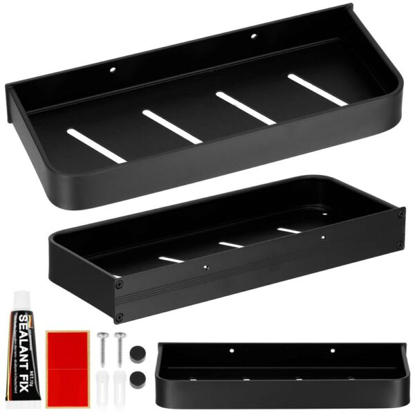 Raft de baie cu 2 sisteme instalare pe perete, aluminiu, 30x12x4cm, negru - Image 3