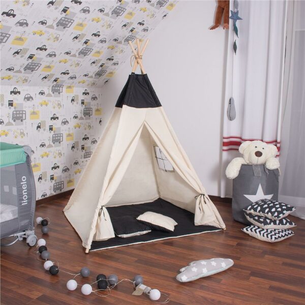 Teepee indiánsátor gyerekeknek ablakkal, vastag szőnyeggel és 2 párnával, fekete-fehér - Image 3