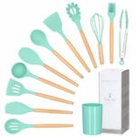 Sersimo készlet 12 hőálló szilikon konyhai edényből és bambusz fogantyúból, zöld