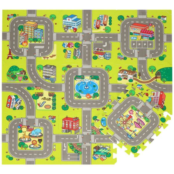 Covor din spuma pentru copii, tip puzzle strazi, 9 piese, 90×90 cm, verde - Image 2