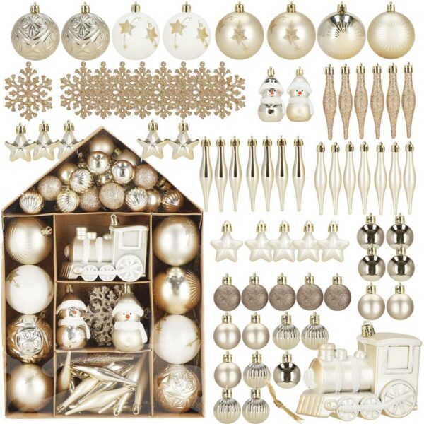 Set globuri si decoratiuni de Craciun, 70 piese, diverse dimensiuni, auriu si crem - Image 26