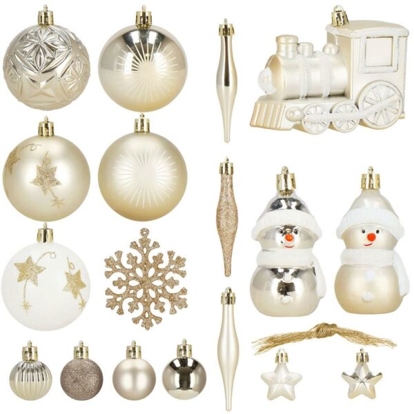 Set globuri si decoratiuni de Craciun, 70 piese, diverse dimensiuni, auriu si crem - Image 27