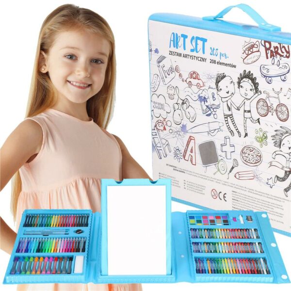 Set de pictura si desen pentru copii, 208 de piese, trusa plastic albastru - Image 28